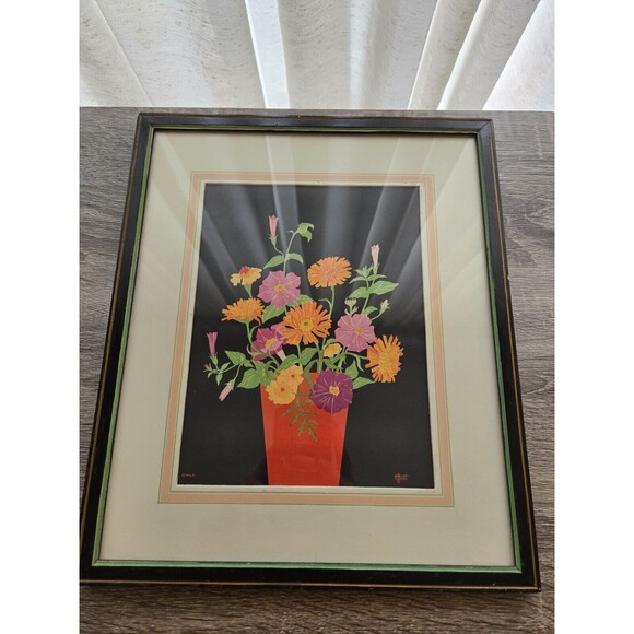 Vtg E Hecht Calendula & Petunia Lithograph Original Frame and Mat 11"x13"